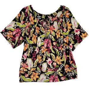 JM Collection Womens XL Floral Banded Bottom Knit Top Black Multicolor Polyester